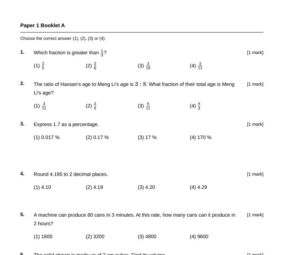A page from the sample PSLE Mathematics question paper